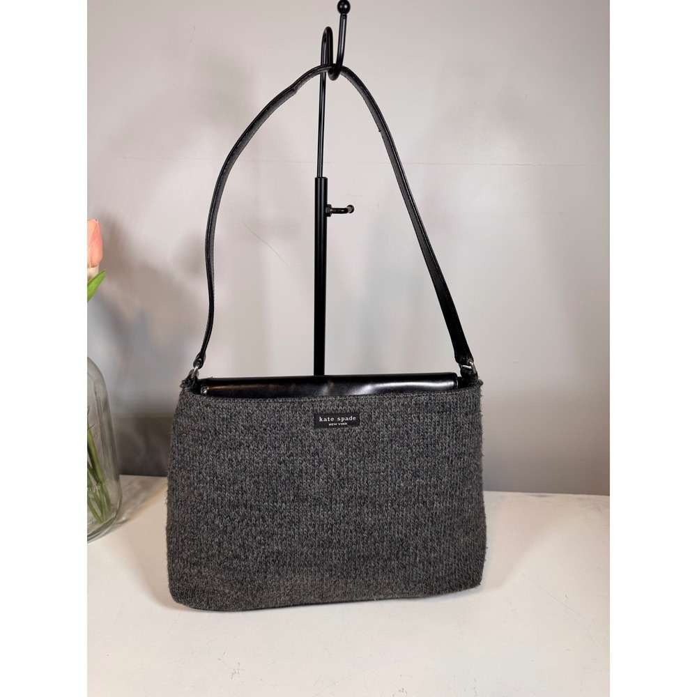 Kate Spade New York Gray Knit Wool Leather Trim Shoulder Bag Made in Italy
